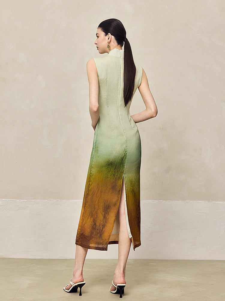 HECO Silk Smudge Chiffon Cheongsam midi sleeveless Dress Women - SIGHT.