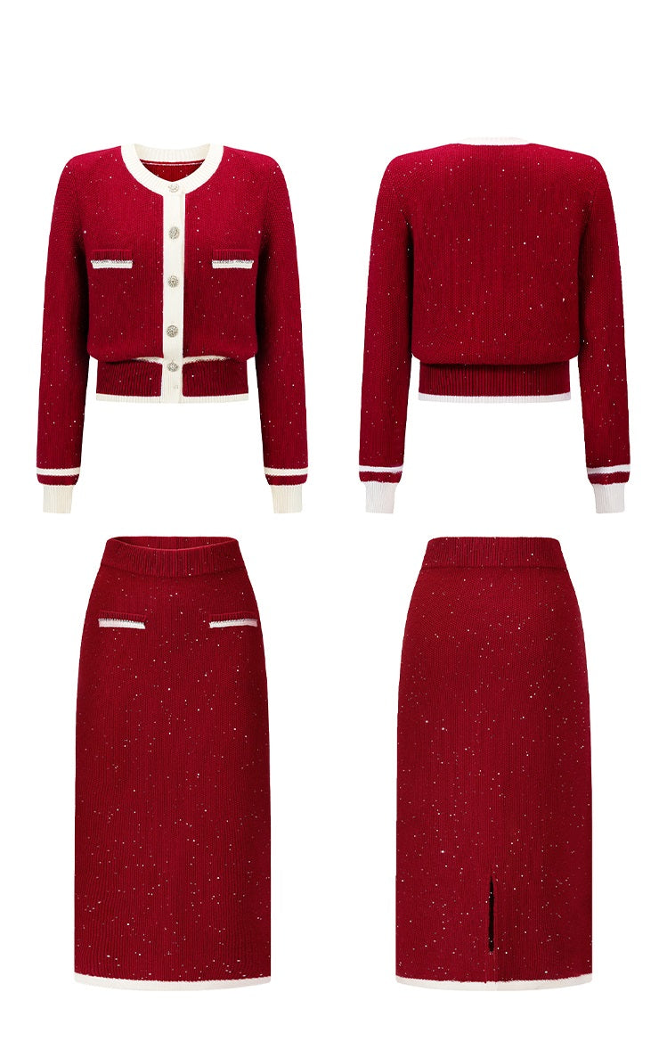 CHICHY classic red knitted cardigan half-length skirt two-piece set-BEN