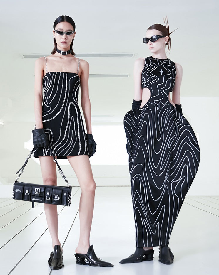 ANNAKIKI  triacetic fractal wave embroidered long dress-JINGCHU.