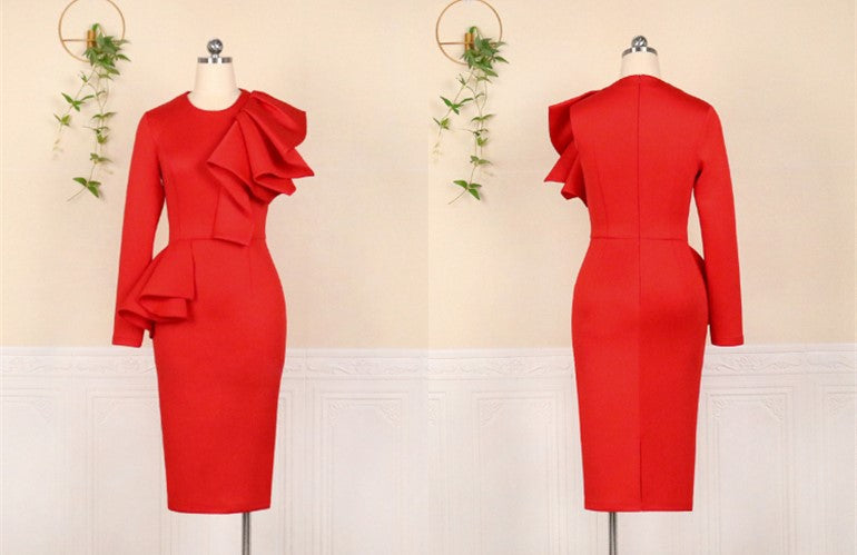 DOLLY Elegant Red Sloping Shoulder Ruffle Long Sleeve Midi Dinner Dress-KIMBRA