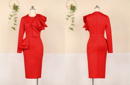 DOLLY Elegant Red Sloping Shoulder Ruffle Long Sleeve Midi Dinner Dress-KIMBRA