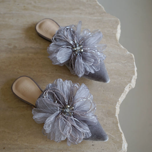 B-FEI flower embossed velvet pointed toe flat slippers-HAEIN.