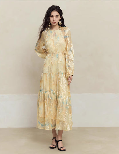 HECO silk peony burnt flower pendulum long-sleeved dress women - healer.