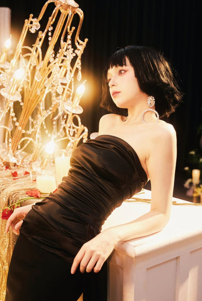 DOLLY Luxury Black Pleated Chest Wrap Off Shoulder High Waist Long Evening Dress-ZOE