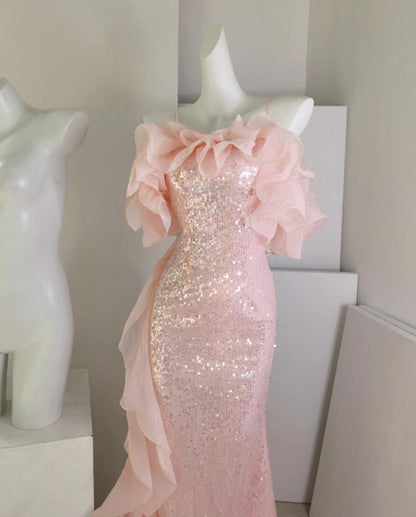 DOLLY Elegant White Off Shoulder Sequin Ruffled Tube Top Banquet Dress-ALICIA