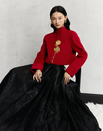 HECO 100% wool Embroidery Red black Short Double-Sided Tweed Jacket Women - out.