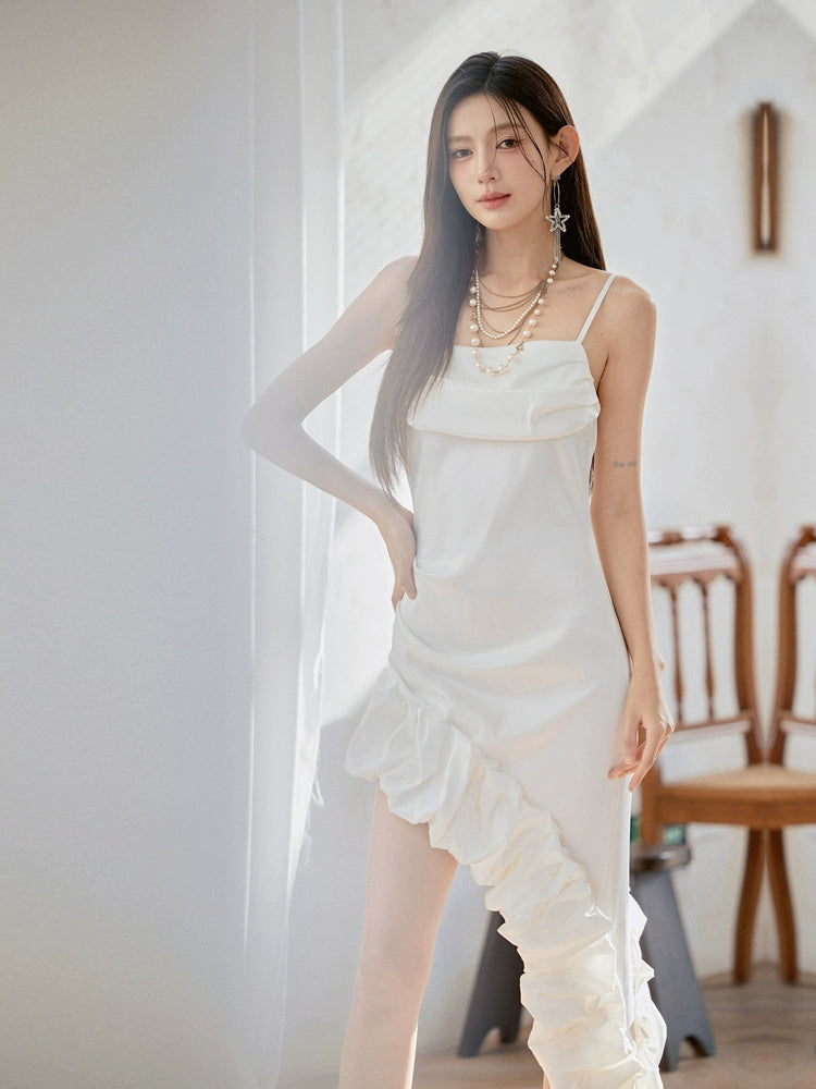 DOLLY Luxury White French Style Stain Sleeveless Irregular Hem Cocktail Dress-Lui