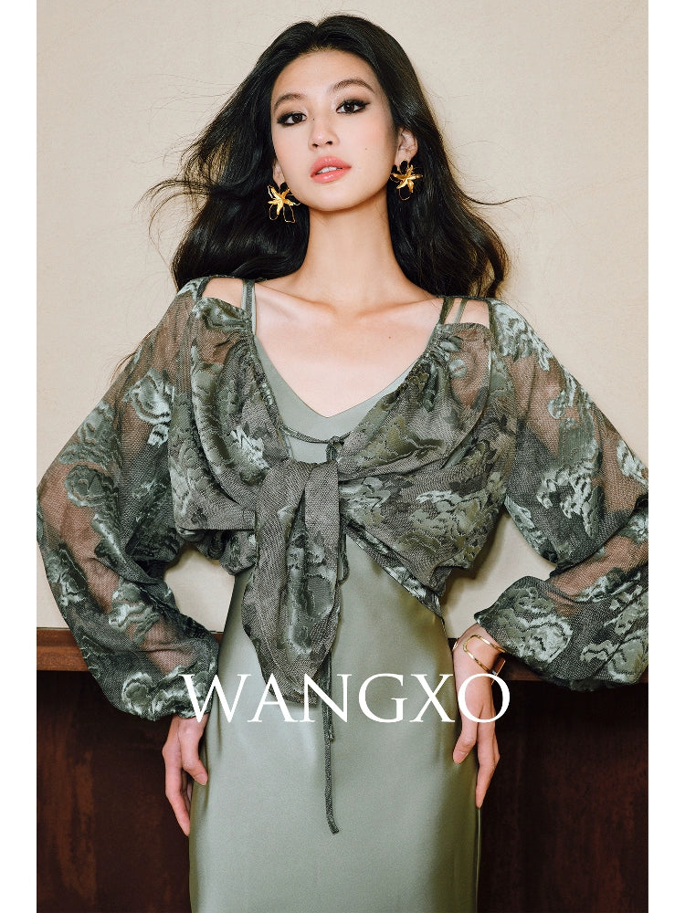 WANGXO Devoré Lace Light and Shadow Heavy Industry Bias French Cardigan & Satin Sundress Set - ESMEE