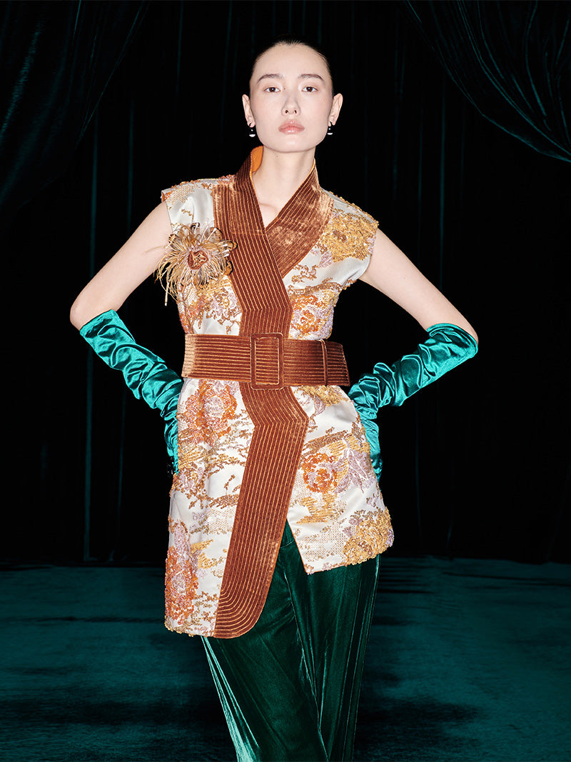 M essential Mackay designer quilted wide belt placket vest pant set- indira