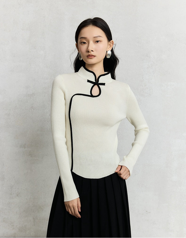 HECO Cheongsam Collar Hollow Buckle red black apricot Knitwear Slim Bottom - whom.