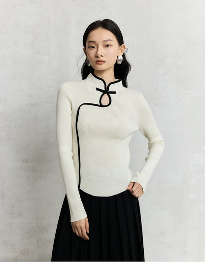 HECO Cheongsam Collar Hollow Buckle red black apricot Knitwear Slim Bottom - whom.