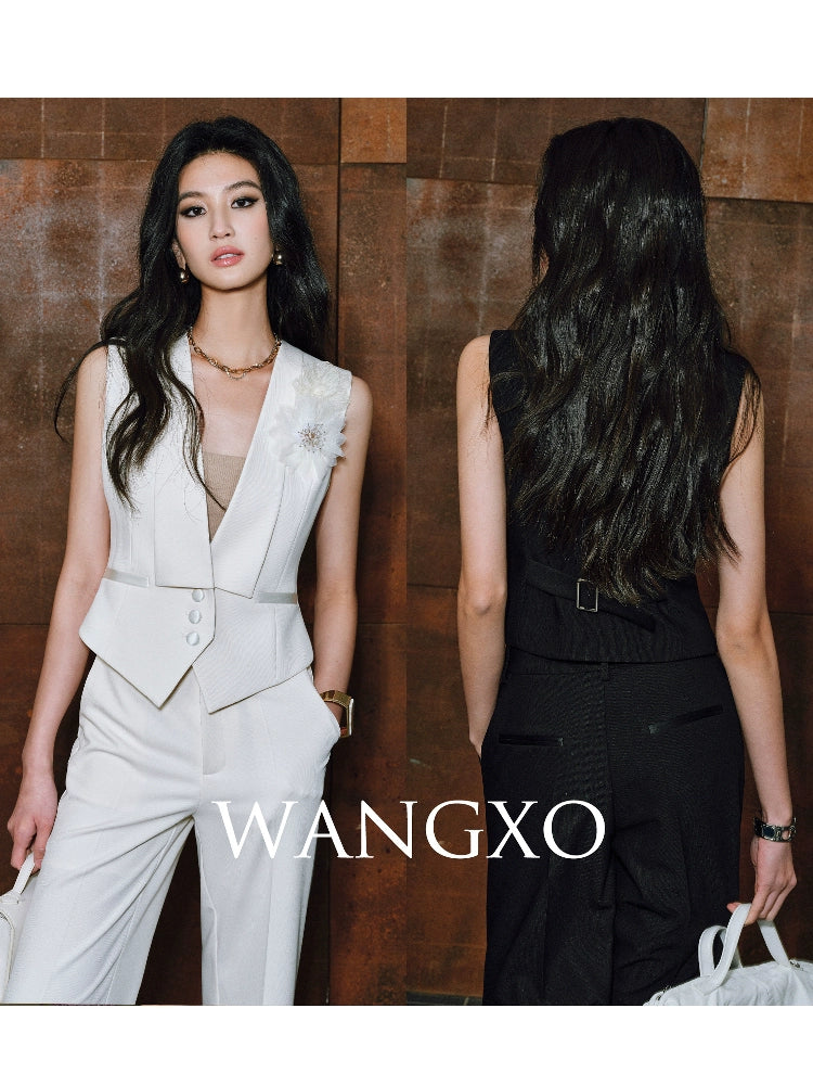 WANGXO|Wide Suit Material Spell Real Acetate Detachable Handmade Flowers V-Neck Vest Trousers - MAVIS