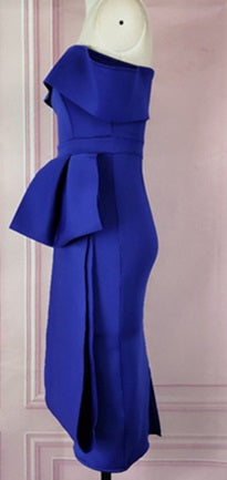 DOLLY Elegant Blue Sleeveless Off Shoulder Chest Wrap Midi Dinner Dress-DARA