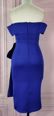 DOLLY Elegant Blue Sleeveless Off Shoulder Chest Wrap Midi Dinner Dress-DARA