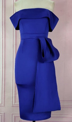 DOLLY Elegant Blue Sleeveless Off Shoulder Chest Wrap Midi Dinner Dress-DARA