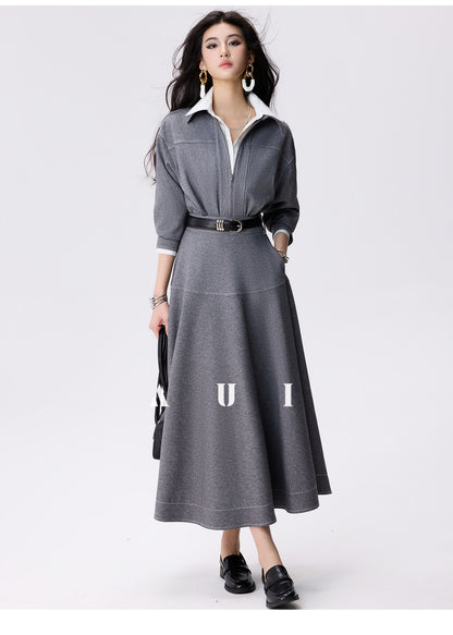 AUI Grey Zippered Lapel Jacket A-Line Hip Skirt Two-Piece Set - Choon-Hee.