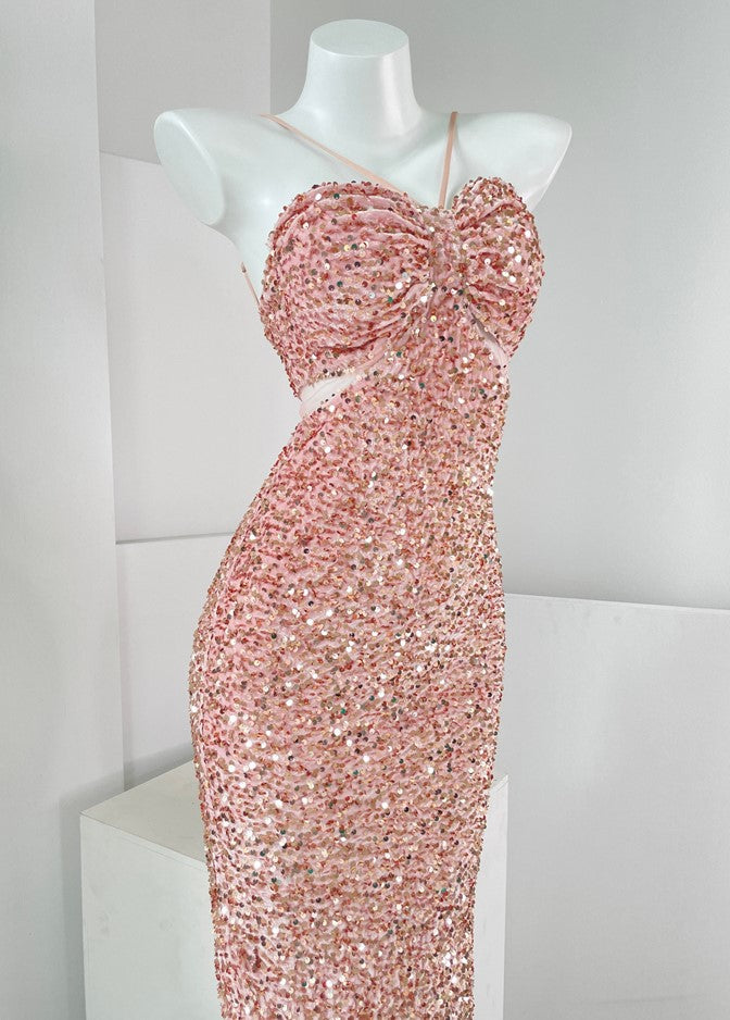 DOLLY Elegant Sequined Hollow Halter Neck Long Evening Dress-OLIVE