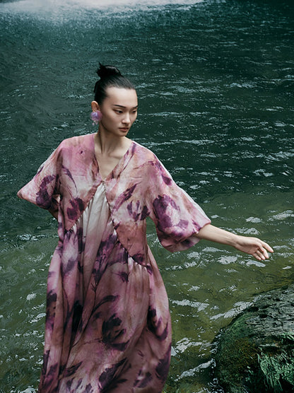 HECO Chinese Silk V-neck Dress Summer Elegant Floral Slim Long dress - GINE .