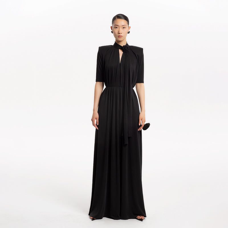 High-end elegant Summer French Pleated flowy maxi long wedding Knit Dress - KCae M / Black High-end elegant Summer French Pleated flowy maxi long wedding Knit Dress - KCae M / Black