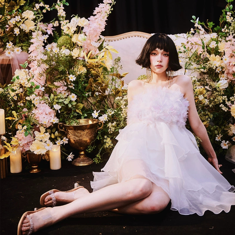 DOLLY Luxury White Feather Tube Top Flower French Style Dress-Hola