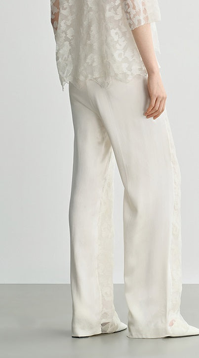 COMME MOI Silk Embroidered Panelled Straight white Pants - ISAIAH.