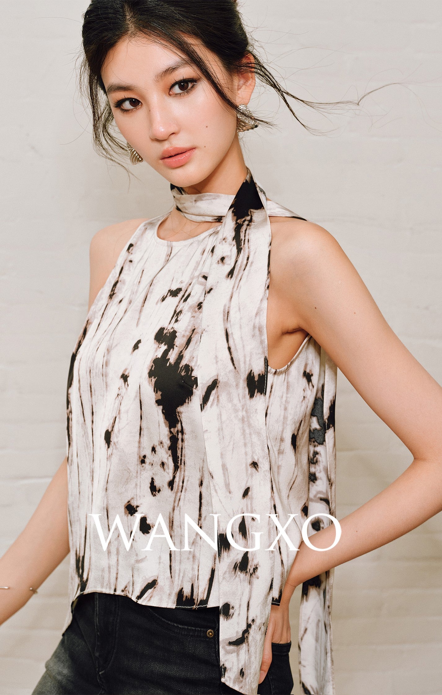 WANGXO | Satin Oil-Paint Floral Shadow Silken Drape Top -EVELISE.
