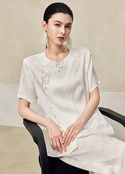 HECO Jacquard Round Neck Short Sleeve Black White Shirt Top Woman - GRACE.