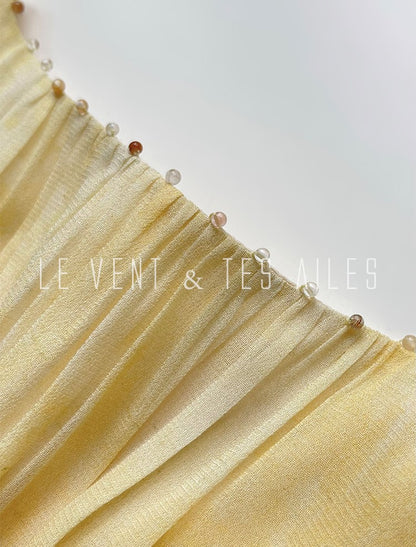 LE VENT&TES AILES 100% Silk French Haute Smudge V-Neck midi yellow Dress - FAYE