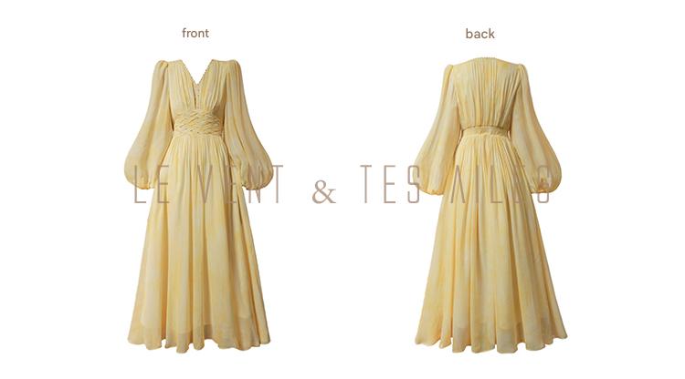 LE VENT&TES AILES 100% Silk French Haute Smudge V-Neck midi yellow Dress - FAYE