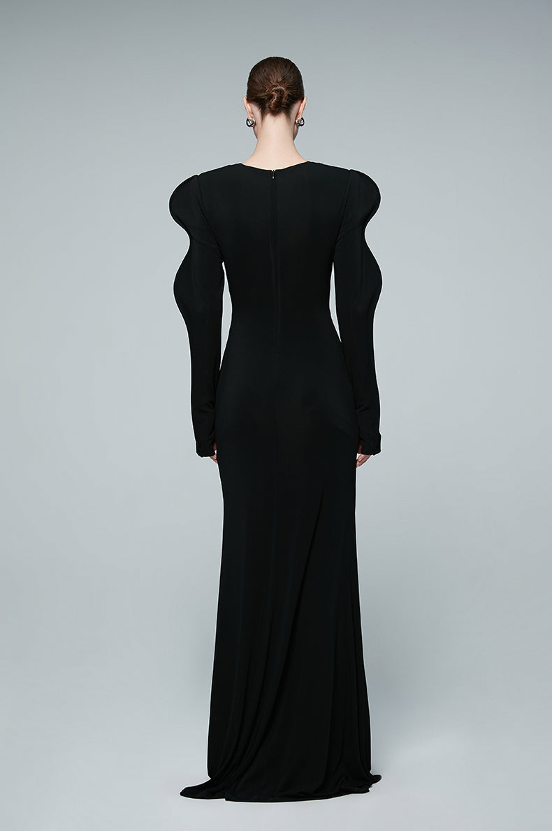 ANNAKIKI acetic acid wavy sleeve hollow V-neck dress-CHARMAINE