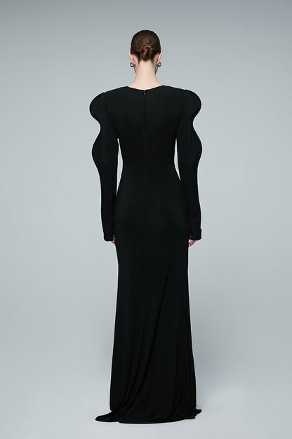 ANNAKIKI acetic acid wavy sleeve hollow V-neck dress-CHARMAINE