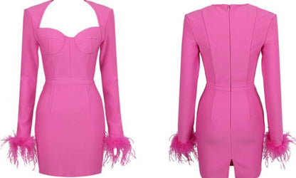 DOLLY Luxury Pink/Black Square Collar Long Bell Sleeves Slim Fit Short Date Dress-JANET