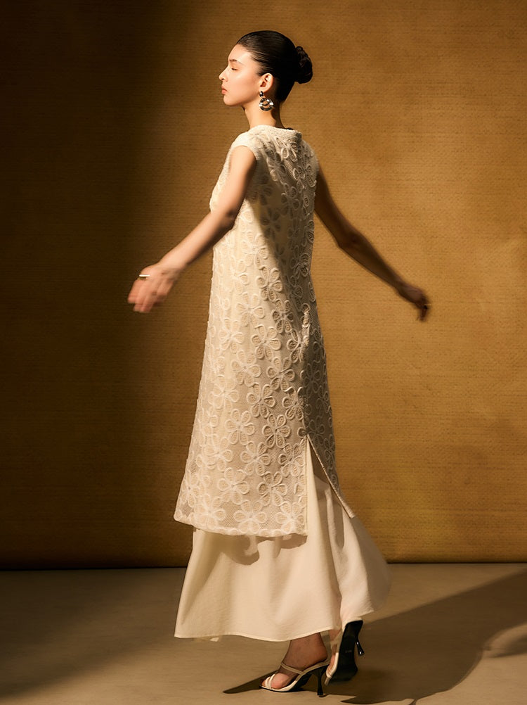 HECO Chinese style two pieces embroidered mesh spliced long dress - MAGIC.