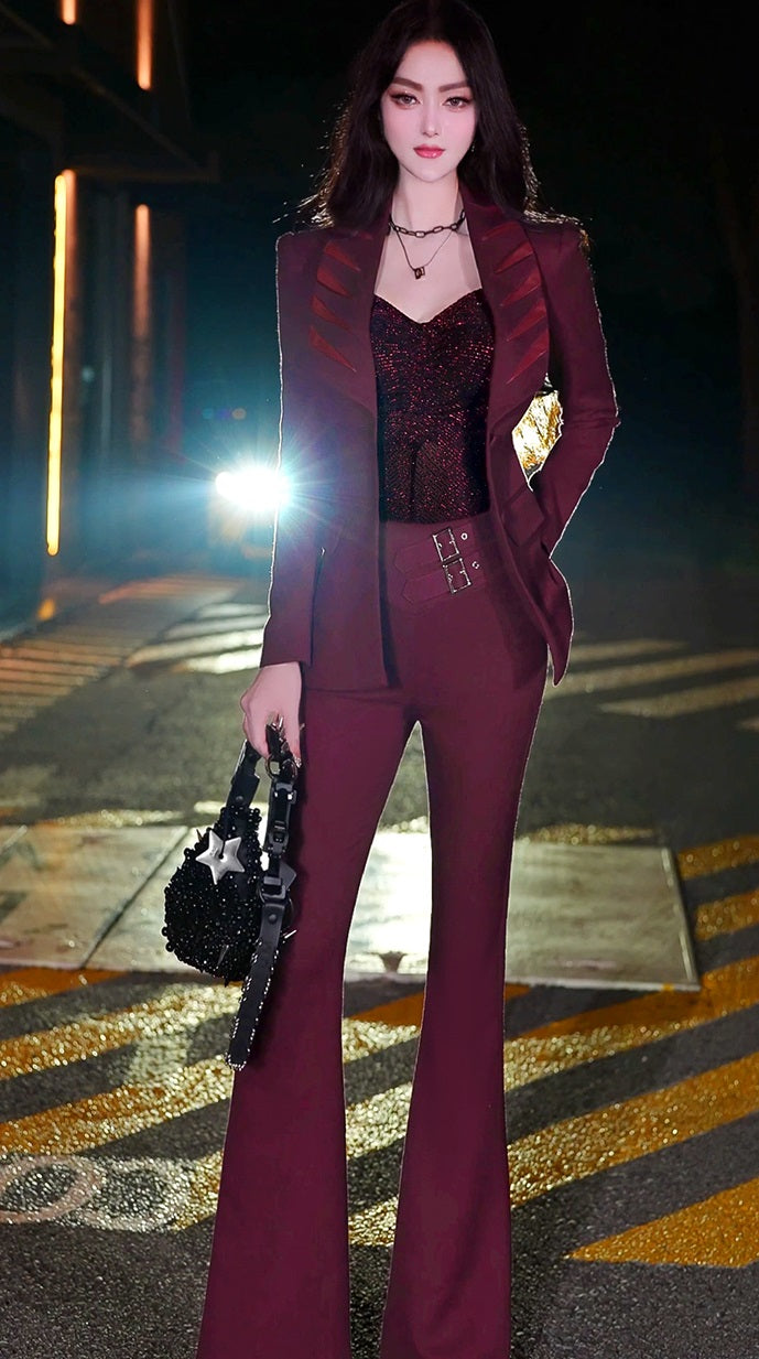 VJE  Burgundy Spliced Small Pants Two-Piece Set  Suit - HANS?
