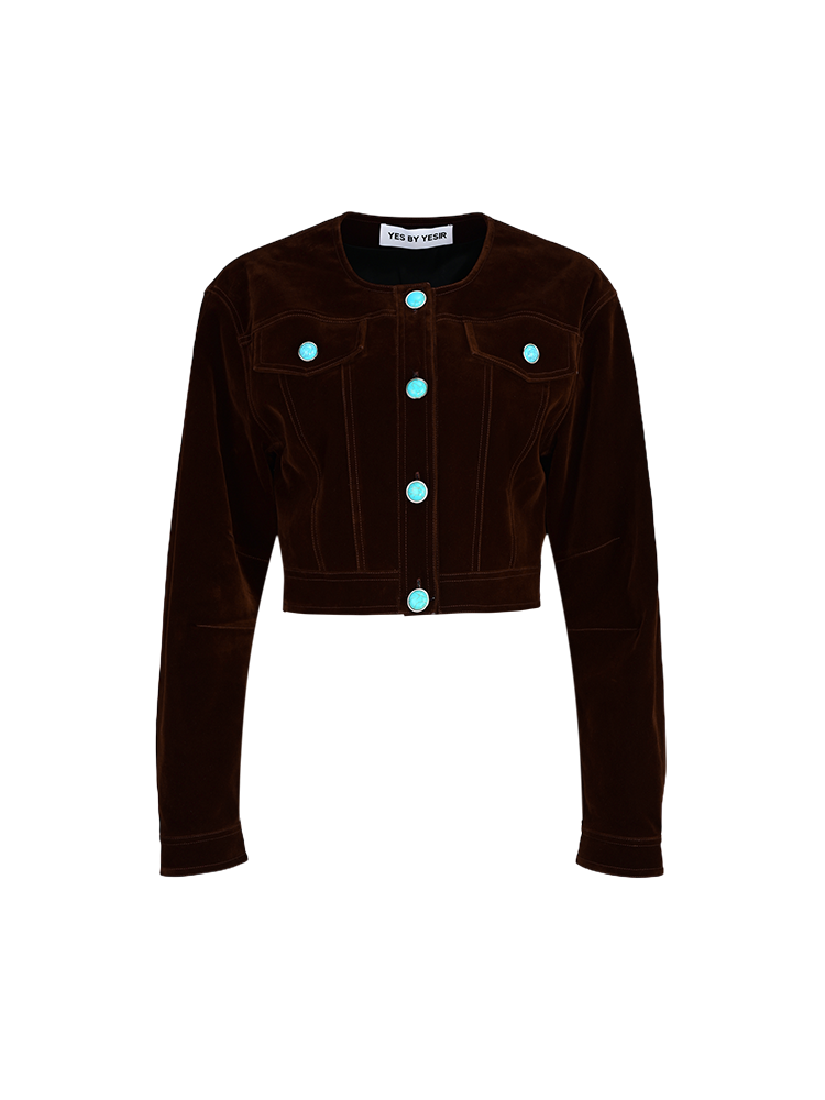 YES BY YESIR Velvet Denim Short Jacket and Skirt Set - WEST.