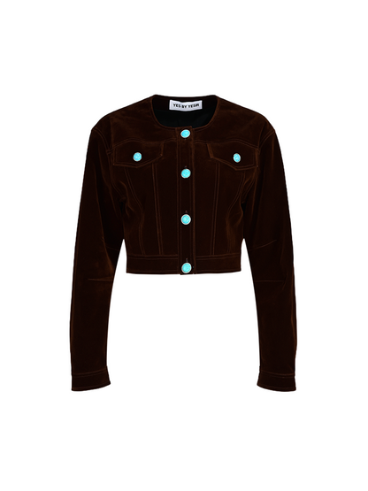 YES BY YESIR Velvet Denim Short Jacket and Skirt Set - WEST.