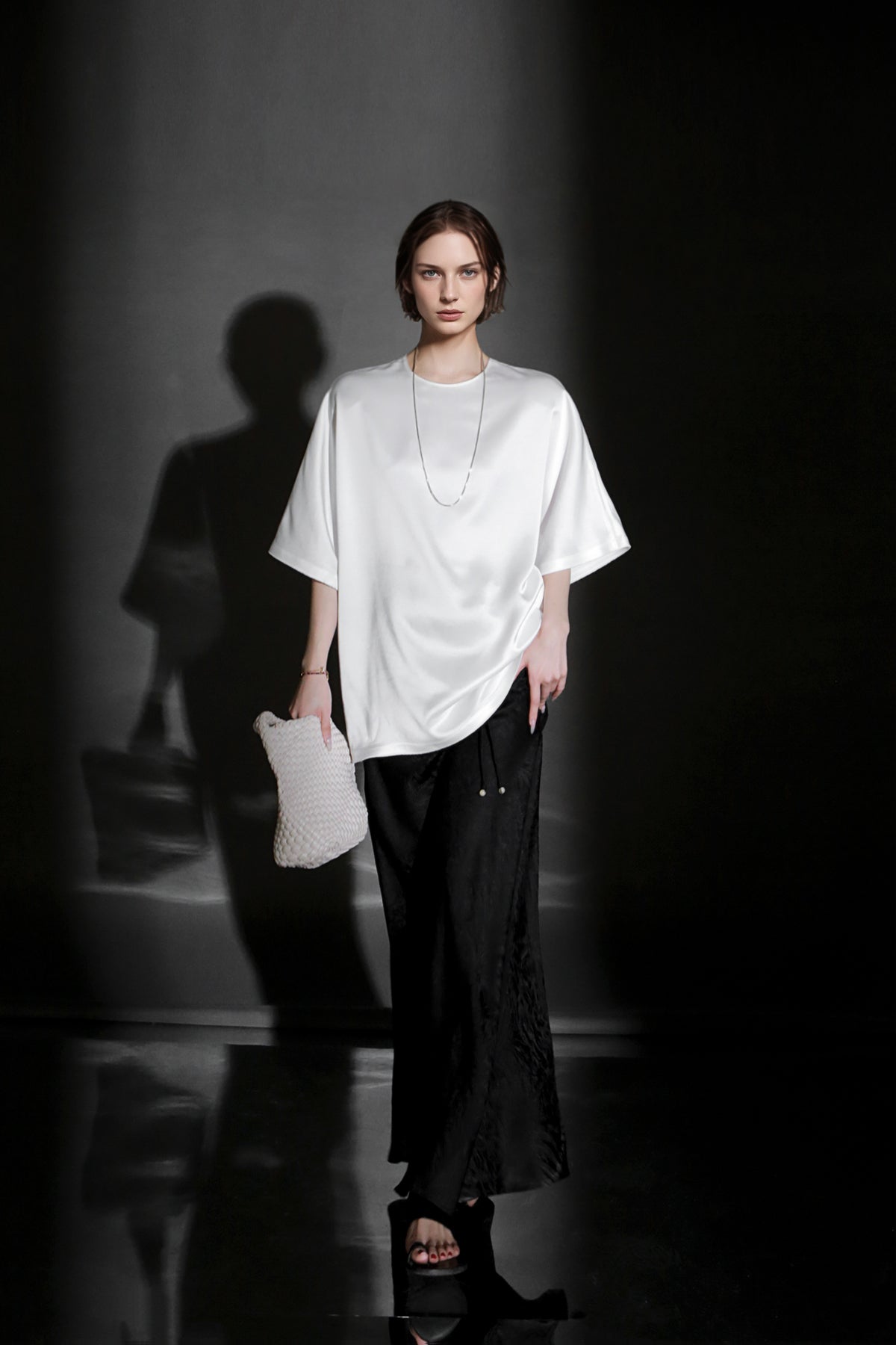 PIAOIN light luxury acetate satin glossy mid sleeve body shirt - CHARLOTTE