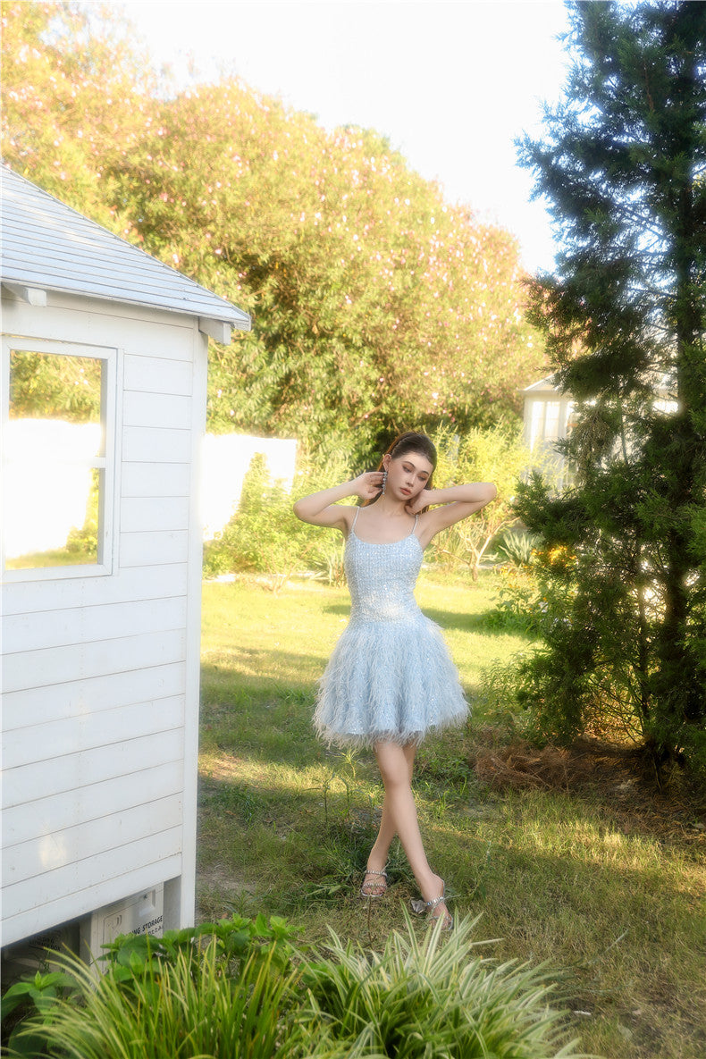 pastel feather dress Wardrobes by Chen Elegant Pastel Blue Sleeveless Feather tassle Tutu bridal Dress-VELEN L / Blue