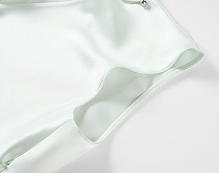 COMME MOI Oblique Shoulder Cutout Acetate Cap Sleeve Green Shirt - SUN.