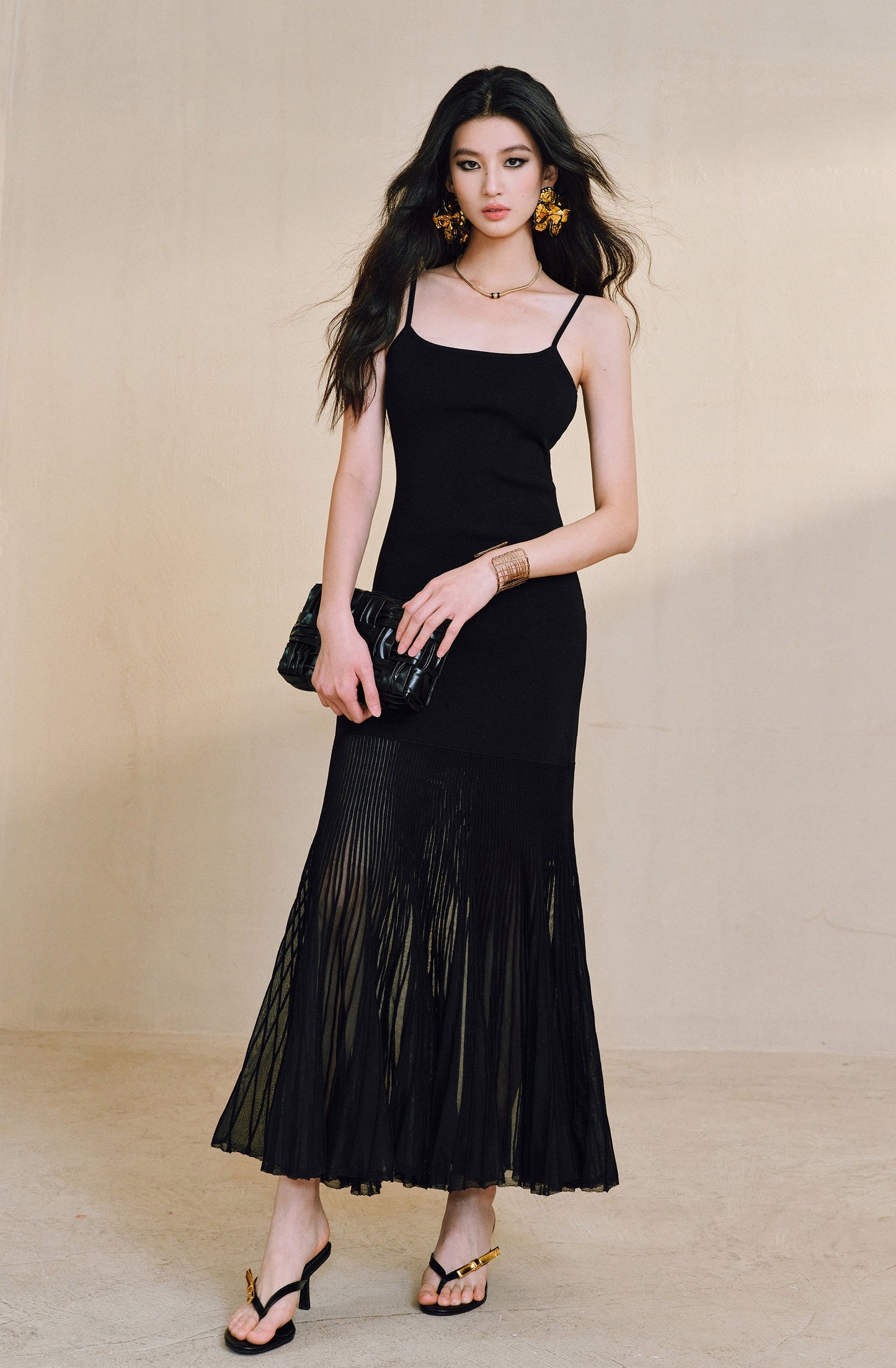 WANGXO | High-Quality Linen Tulle Temperament Suspender Fishtail Dress-LÉYA.