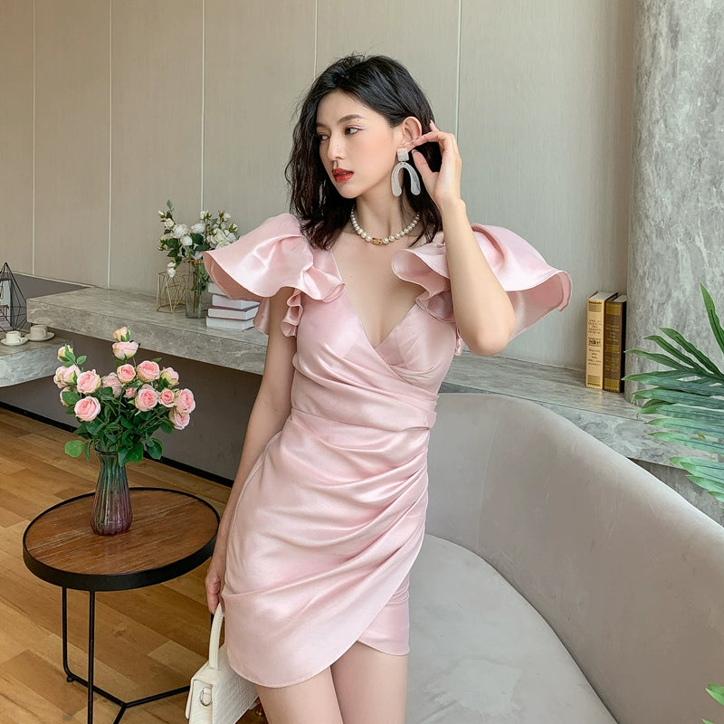 DOLLY Elegant V-Neck Short Flying Sleeve Hip Wrap Short Dinner Date Dress-KELA