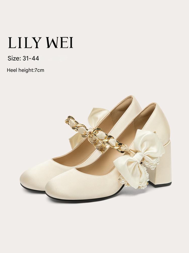Lily Wei sweet white shallow shoes square toe bow shoes - ELEANOR