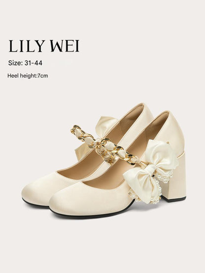 Lily Wei sweet white shallow shoes square toe bow shoes - ELEANOR