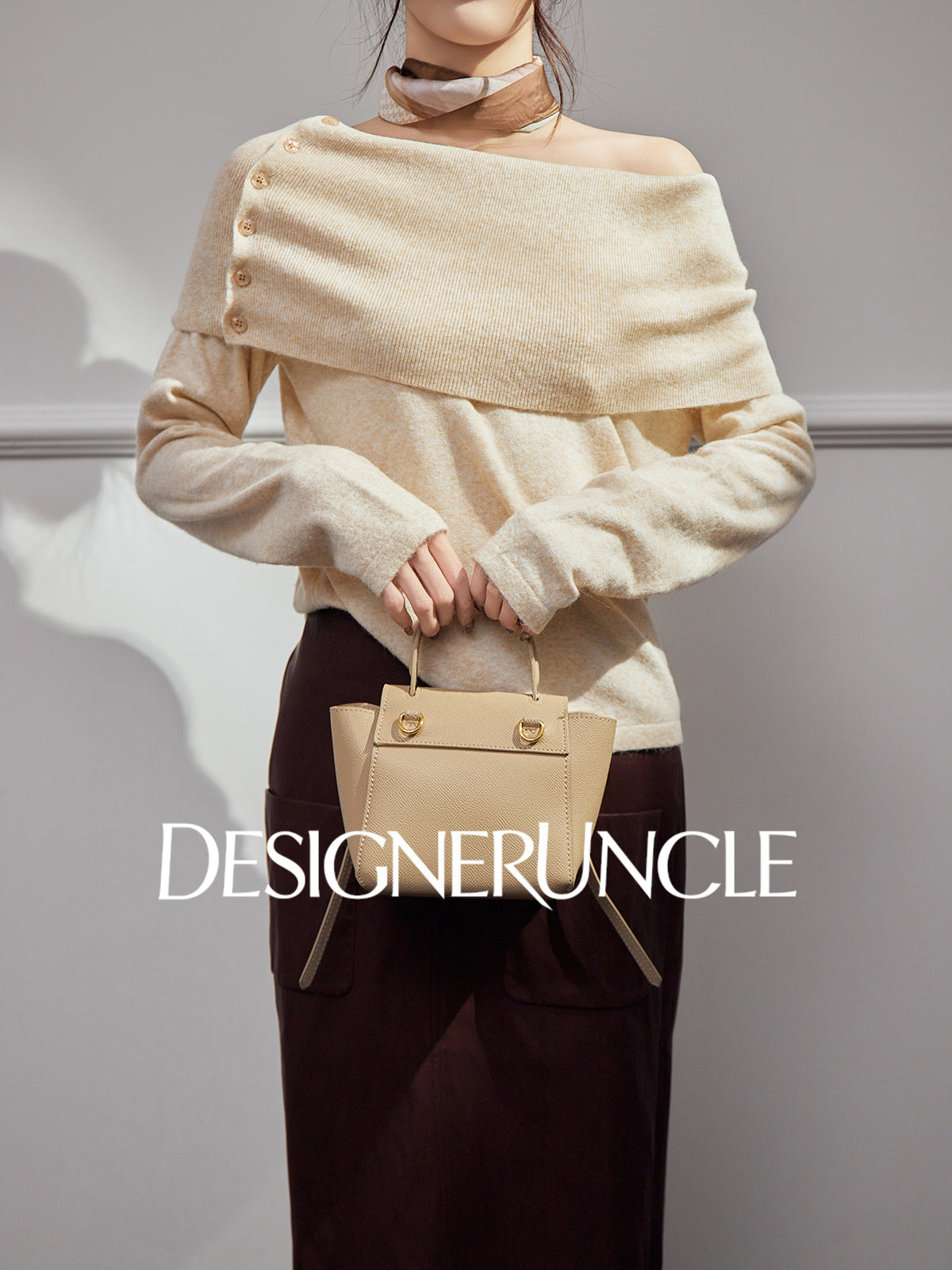 DGU| Dark gray knitted striped slanted shoulder buttons loose design pullover top - Joseph.