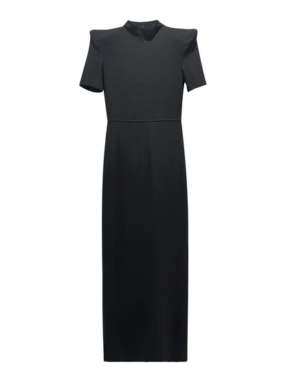 ANNAKIKI Niche Designer Women's Black Shoulder Short Sleeve Dress-KANA