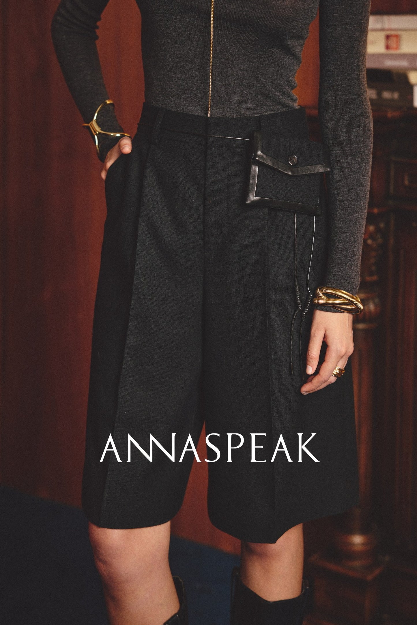 ANNASPEAK   Wool MINI Waist Bag Straight Leg Pants -COLE.