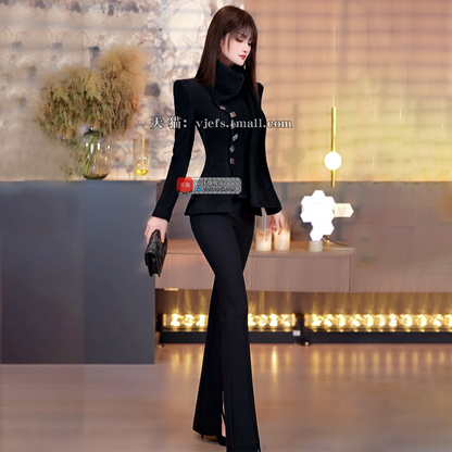 VJE Short Black High Neck Wide Shoulder Jacket - MILA.