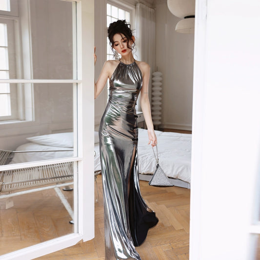 DOLLY Elegant Liquid Sliver Chinese Style Halter Neck Body Hug Long Cocktail Dress-MARBLE  (V)