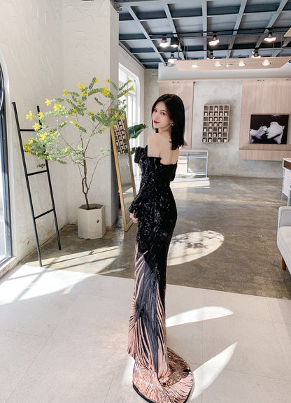 DOLLY High End Black Gold Chest Wrap Long Sleeve Off Shoulder Long Banquet Dress-KANTE