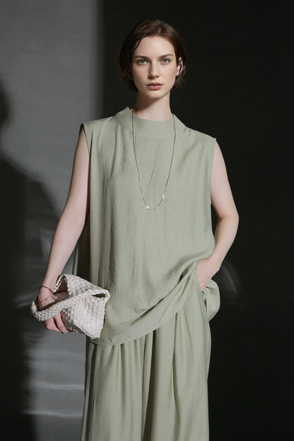 PIAOIN texture linen silk stand up collar sleeveless t-shirt women's straight pants - ARIA